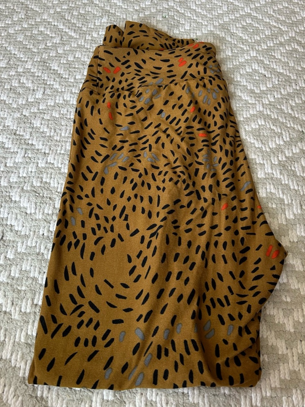 LuLaRoe Mustard Tan Leggings with Black, Gray and Orange Dash Print